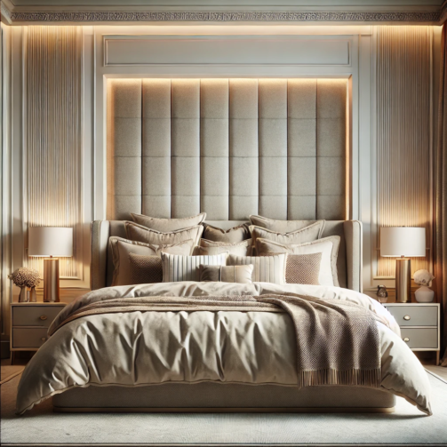 DALL·E 2024-11-05 16.45.23 - A high-quality, realistic front view of a luxurious bed in a well-decorated bedroom. The bed features a plush, upholstered headboard with a modern des