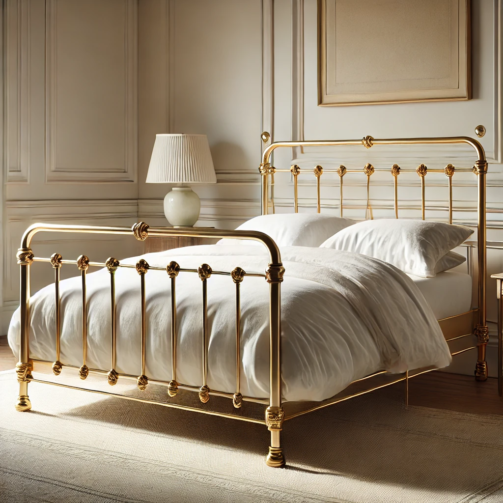 DALL·E 2024-11-07 12.31.33 - A brass bed viewed from the left side in a classic bedroom setting. The bed has a simple, vintage design with clean lines and rounded finials on the h