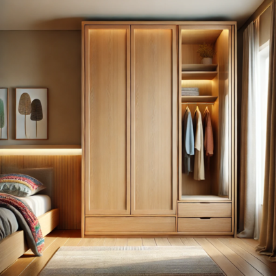 Minimalist Light Wood Wardrobe with Mirror