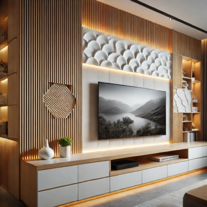 Modern Media Wall with Wood Paneling and LED Backlighting