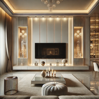 Modern Vertical Panel Media Wall with Warm LED Accents