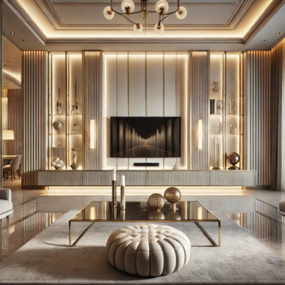Elegant Modern Media Wall with Illuminated Display Shelves