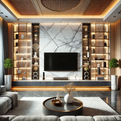 Luxurious Marble Media Wall with Integrated Shelving and LED Accents