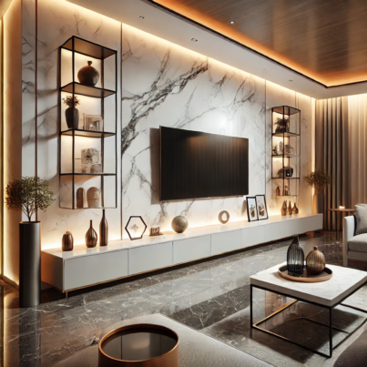 Luxurious Marble Accent Media Wall with LED Backlighting