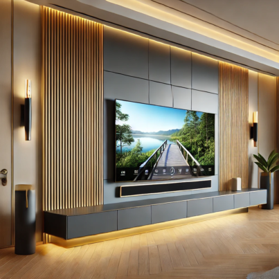 Modern Media Wall with Sleek Gray Panels and LED Lighting