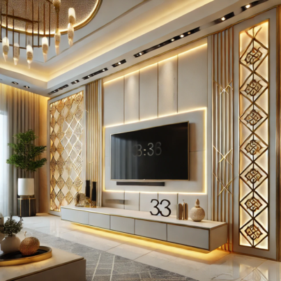 Luxurious Gold Accented Media Wall with Geometric Patterns