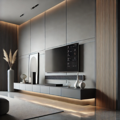 Minimalist Media Wall with Sleek Gray Panels and Subtle LED Accent