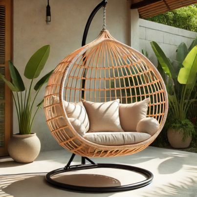 DALL·E 2024-12-12 16.27.09 - A stylish outdoor hanging egg chair with a natural rattan frame, featuring soft beige cushions for comfortable seating. The chair is supported by a st