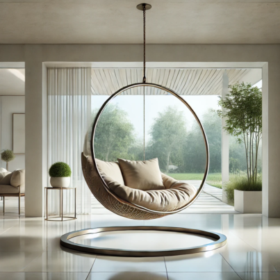 DALL·E 2024-12-12 16.28.05 - A modern indoor circular hanging chair with a sleek metallic frame and soft beige cushions, suspended from the ceiling. The chair is placed in a brigh
