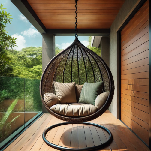 DALL·E 2024-12-12 16.28.47 - A cozy outdoor hanging egg chair with a dark brown woven rattan frame, featuring soft beige cushions for comfortable seating. The chair is suspended f