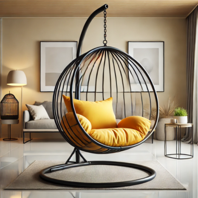 DALL·E 2024-12-12 16.37.15 - A stylish indoor hanging egg chair with a sleek black metal frame, featuring bright yellow cushions for comfortable seating. The chair has a sturdy ba