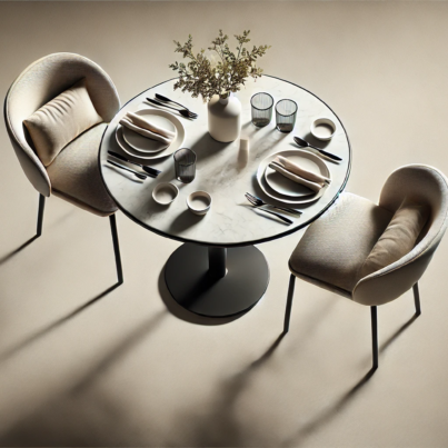 DALL·E 2Modern Round Marble Dining TaModern Round Marble Dining Table Set for Twoble Set for Two025-01-12 23.11.07 - A top-down view of a modern and elegant dining set designed for a product photography shoot. The setup includes a small, round dining table with a sle