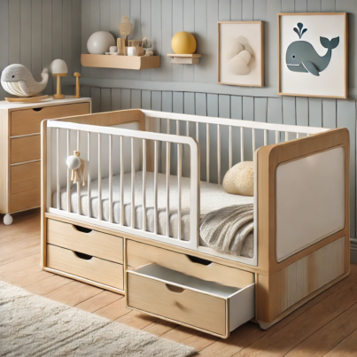 Modern Wooden Baby Bed with Storage and Scandinavian Design