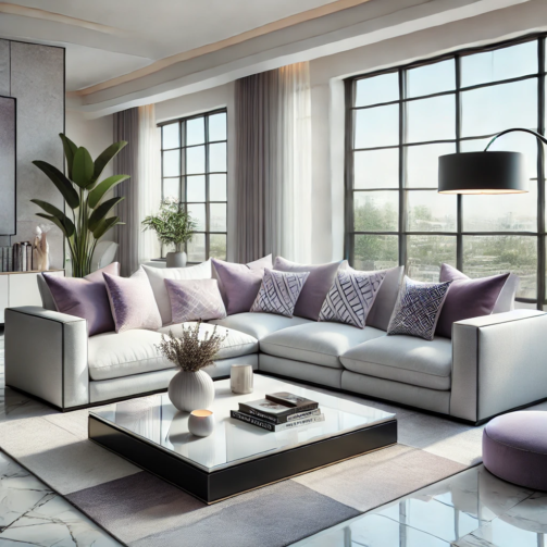 Upgrade your living room with this modern sectional sofa featuring plush lavender accents and a sleek design. Contact on WhatsApp for price and details.