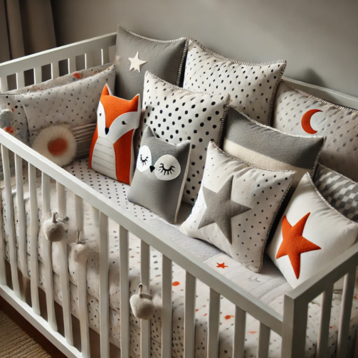 Wooden Baby Crib with Whimsical Animal and Star-Themed Beddin