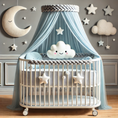Dreamy Cloud-Themed Baby Crib with Canopy and Braided Bumper