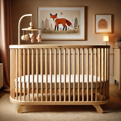 Natural Wooden Baby Crib with Mobile Holder and Minimalist Design