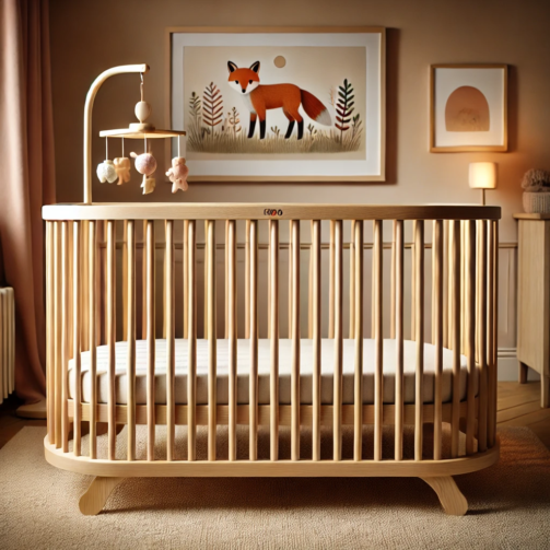 Natural Wooden Baby Crib with Mobile Holder and Minimalist Design